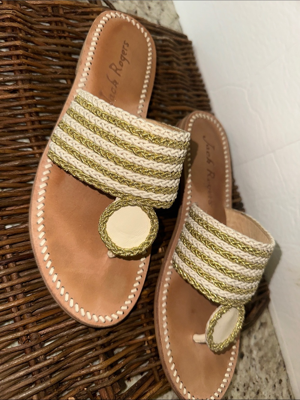 Jack Rogers Cream and Gold Braided Strap Sandals